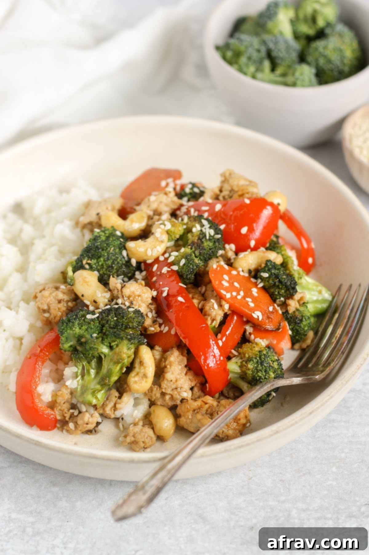 Ground chicken stir fry with veggies and a side of rice in a singe serve shallow bowl with a vintage fork with a bowl of broccoli in the background.