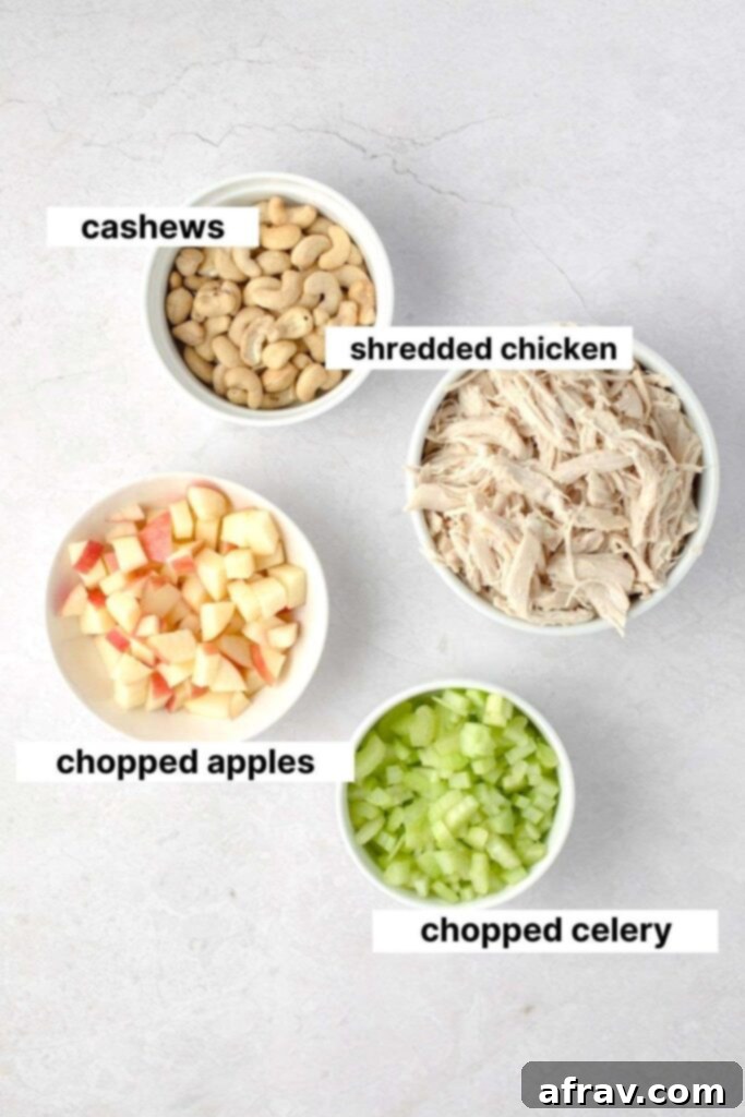 Labeled ingredients for chicken salad, including cooked chicken, apples, celery, and cashews.
