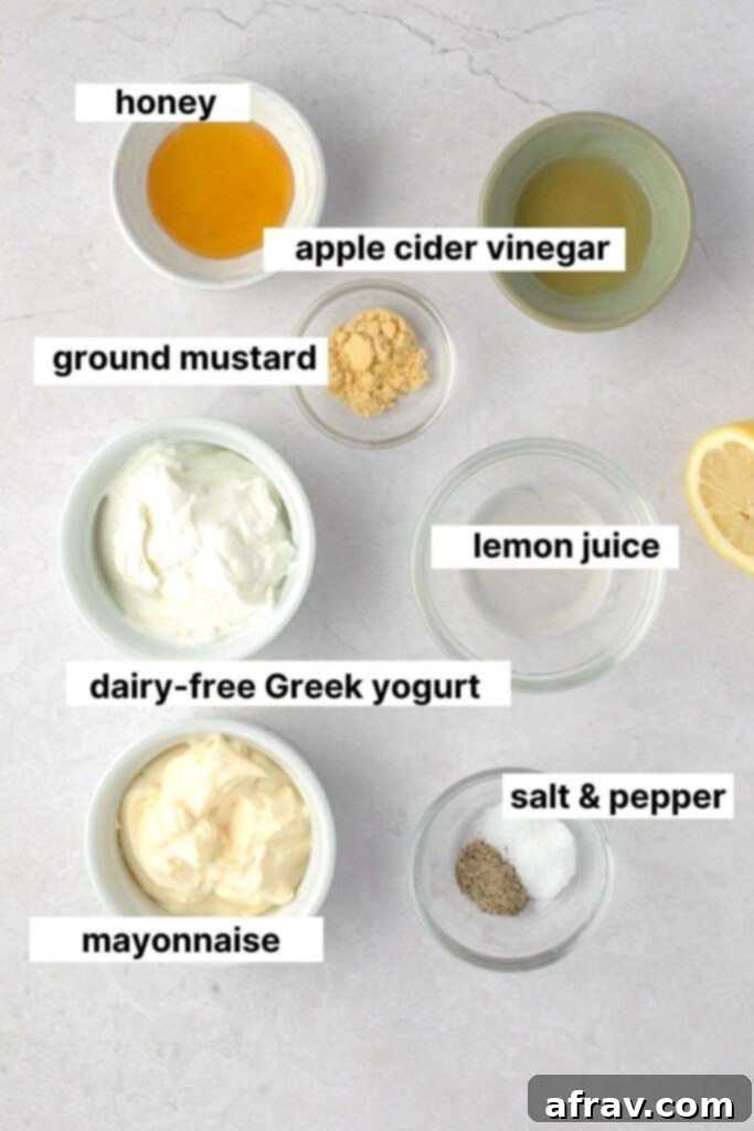 Labeled ingredients for dairy-free chicken salad dressing, including mayo, yogurt, lemon juice, honey, and spices.