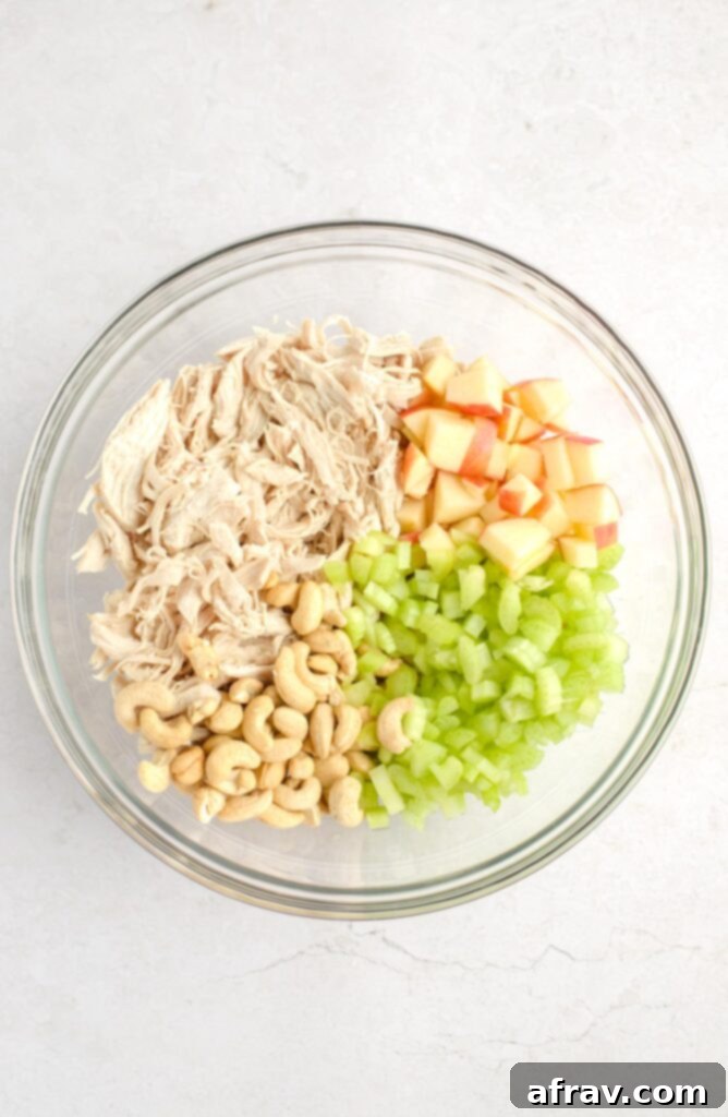 Shredded chicken, diced apples, diced celery, and cashews in a mixing bowl, ready for dressing.