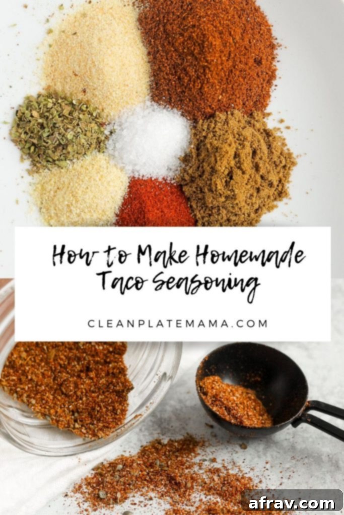 pinterest pin with two images; taco seasoning ingredients and taco seasoning mixed in mason jar
