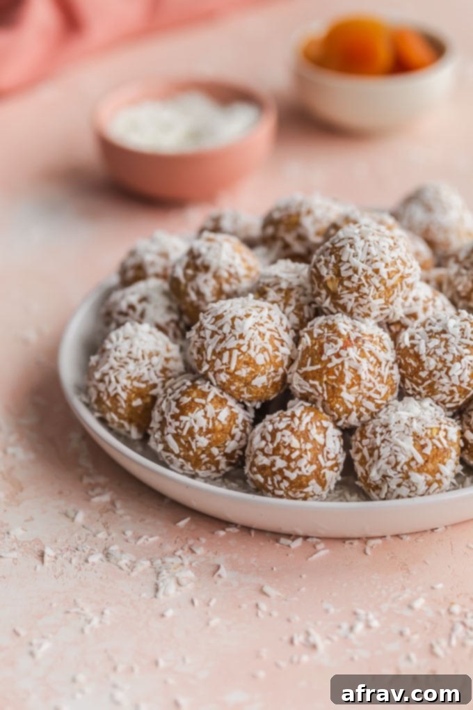 Wholesome Coconut Apricot Energy Bites 2 Healthy apricot balls rolled in coconut and arranged on a white plate on a pink surface.
