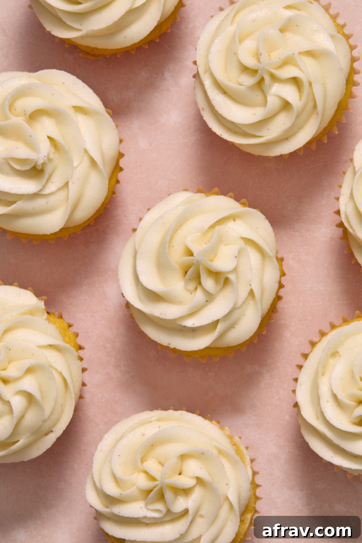Delicate swirls of creamy vanilla bean sour cream frosting piped onto light brown cupcakes, showcasing its smooth texture and pipeable consistency.