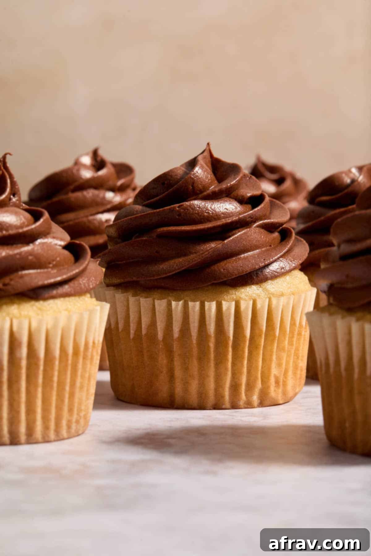 Side view of cupcakes generously swirled with rich, creamy sour cream chocolate frosting.