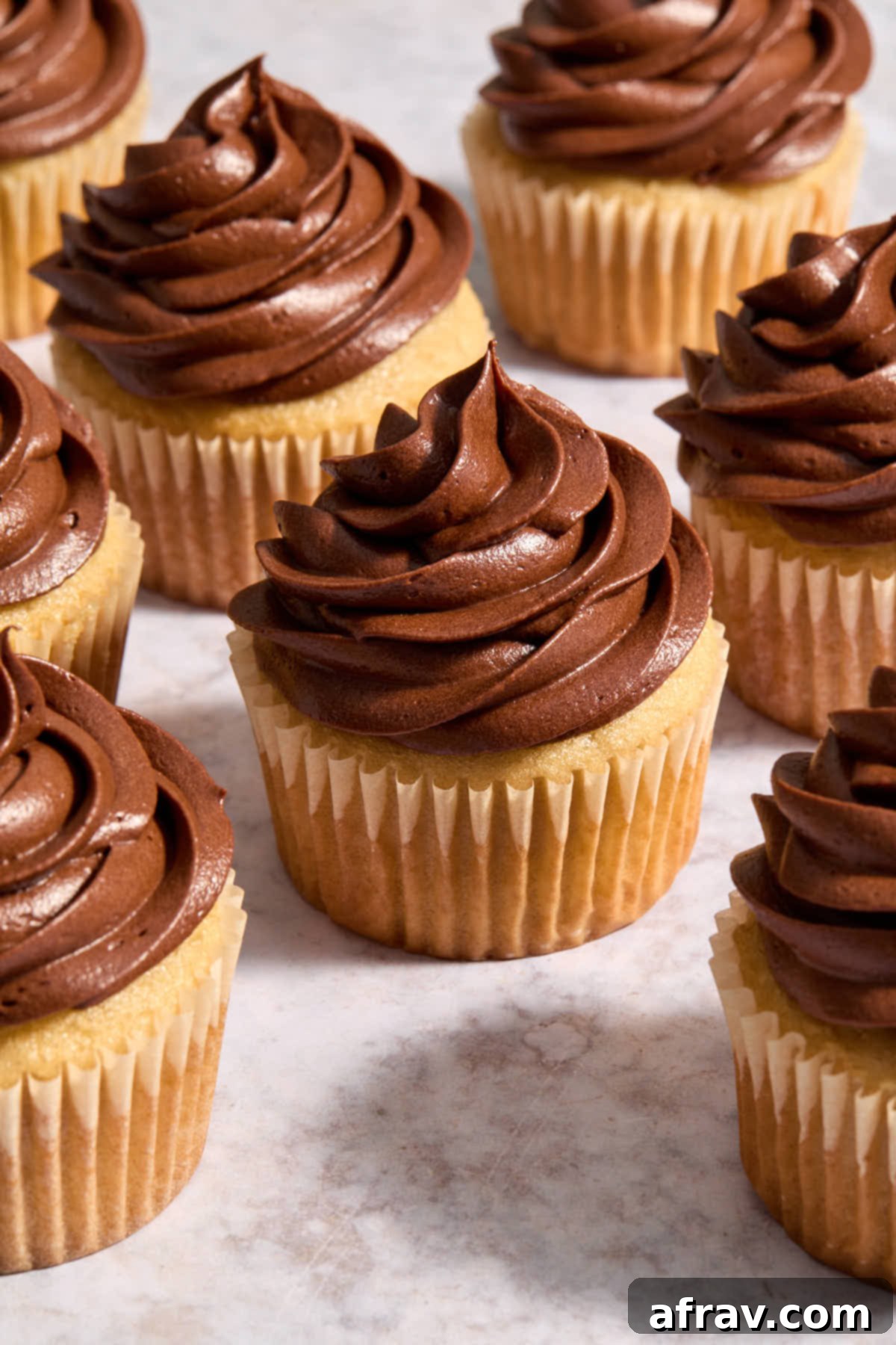 A vibrant display of freshly baked cupcakes, each adorned with perfectly piped swirls of rich chocolate sour cream frosting.