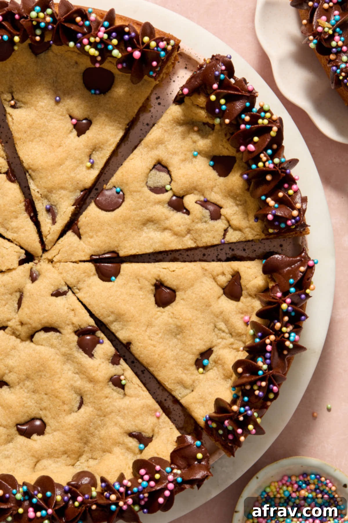 Close up overhead view of cookie cake sliced on a cake plate.