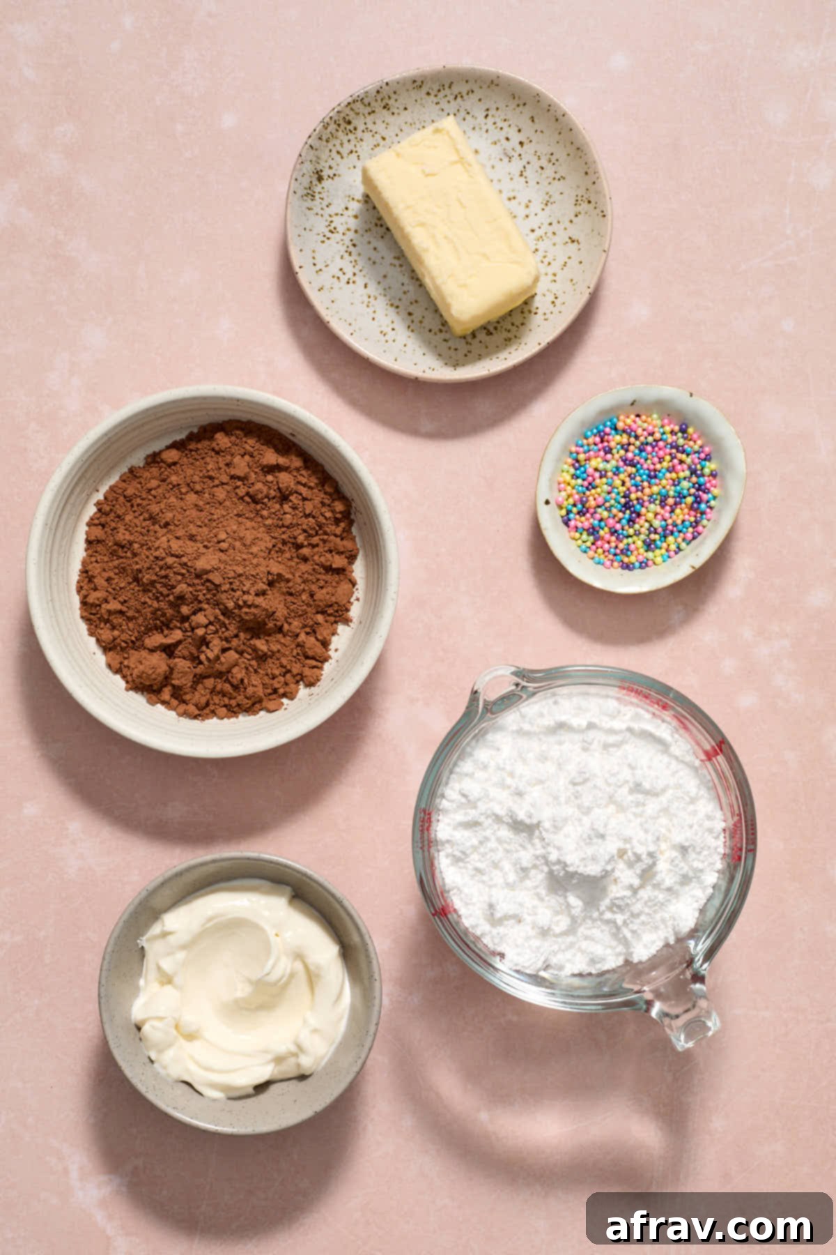 Ingredients for the chocolate frosting arranged individually.