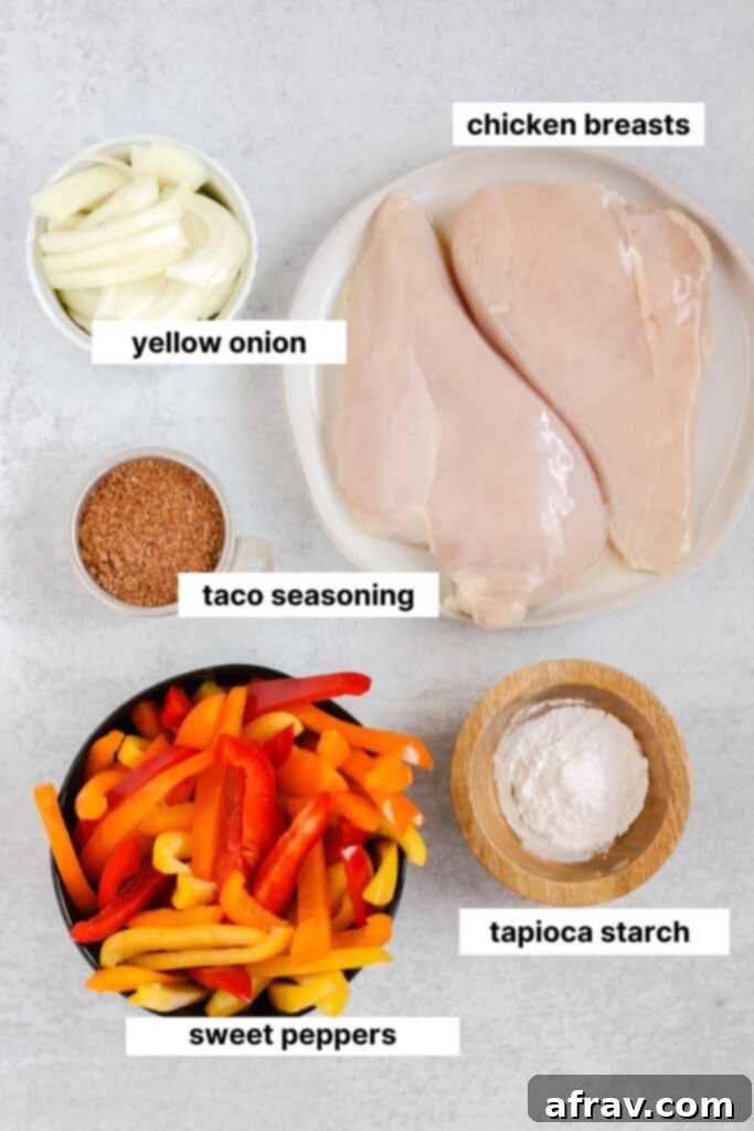 Sheet Pan Fajitas 3 Labeled ingredients used in a chicken fajita bake, including chicken breasts, colorful bell peppers, onion, olive oil, and seasoning.