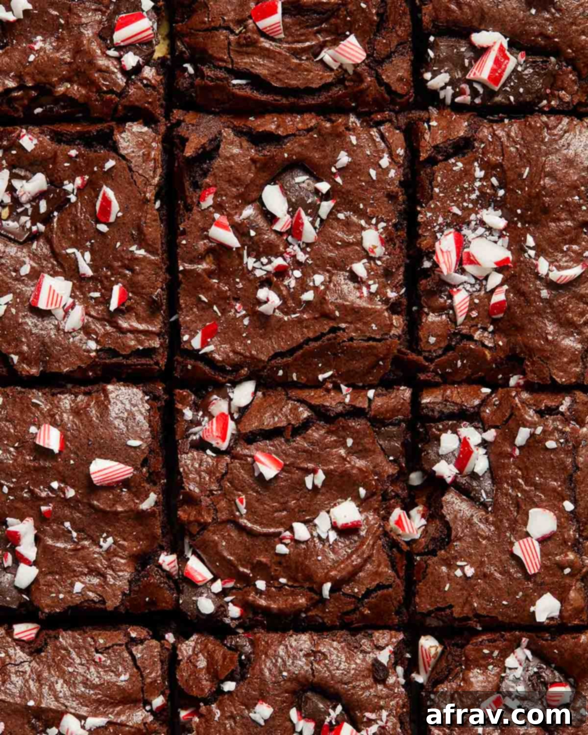 Minty Mocha Magic Brownies 2 Overhead view of peppermint bark brownies cut into squares.