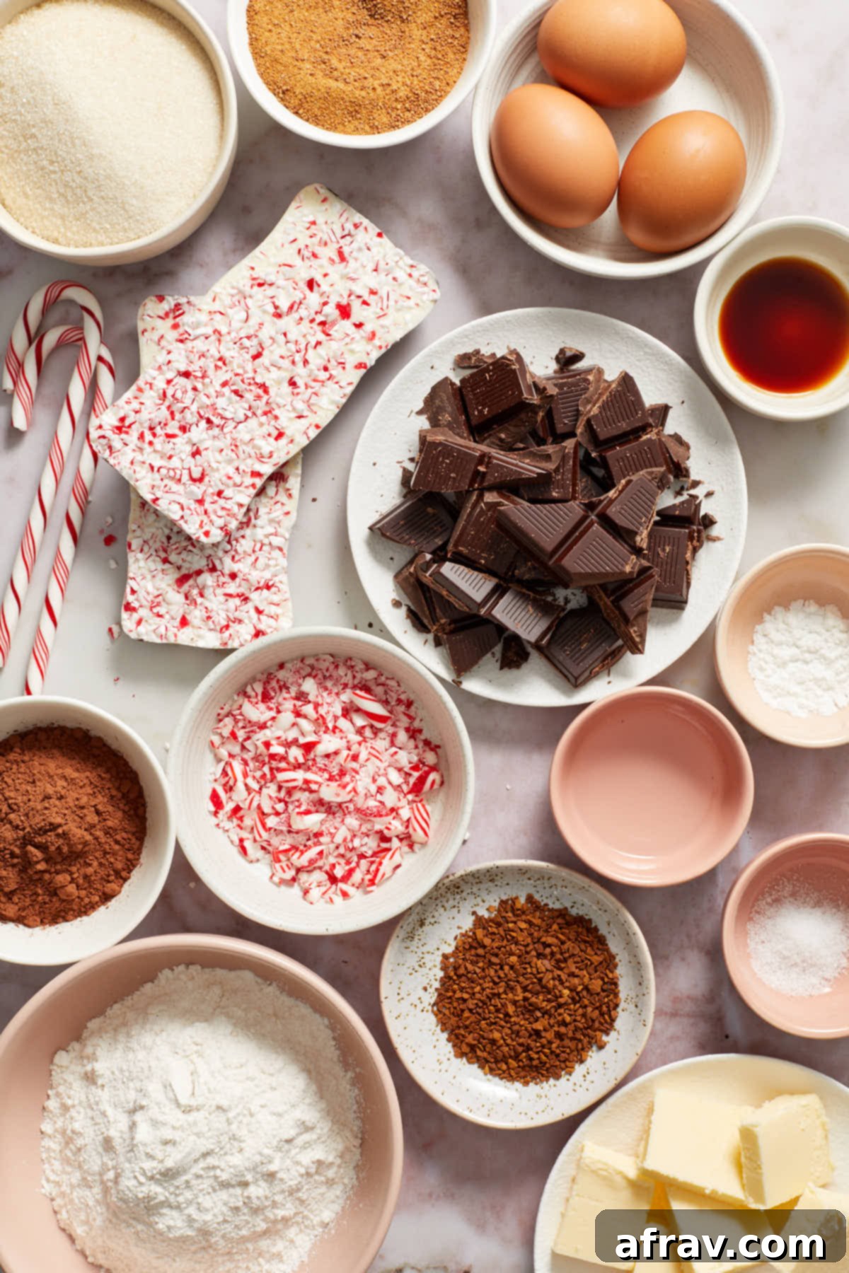 Minty Mocha Magic Brownies 3 Ingredients to make peppermint mocha brownies arranged in individual dishes.