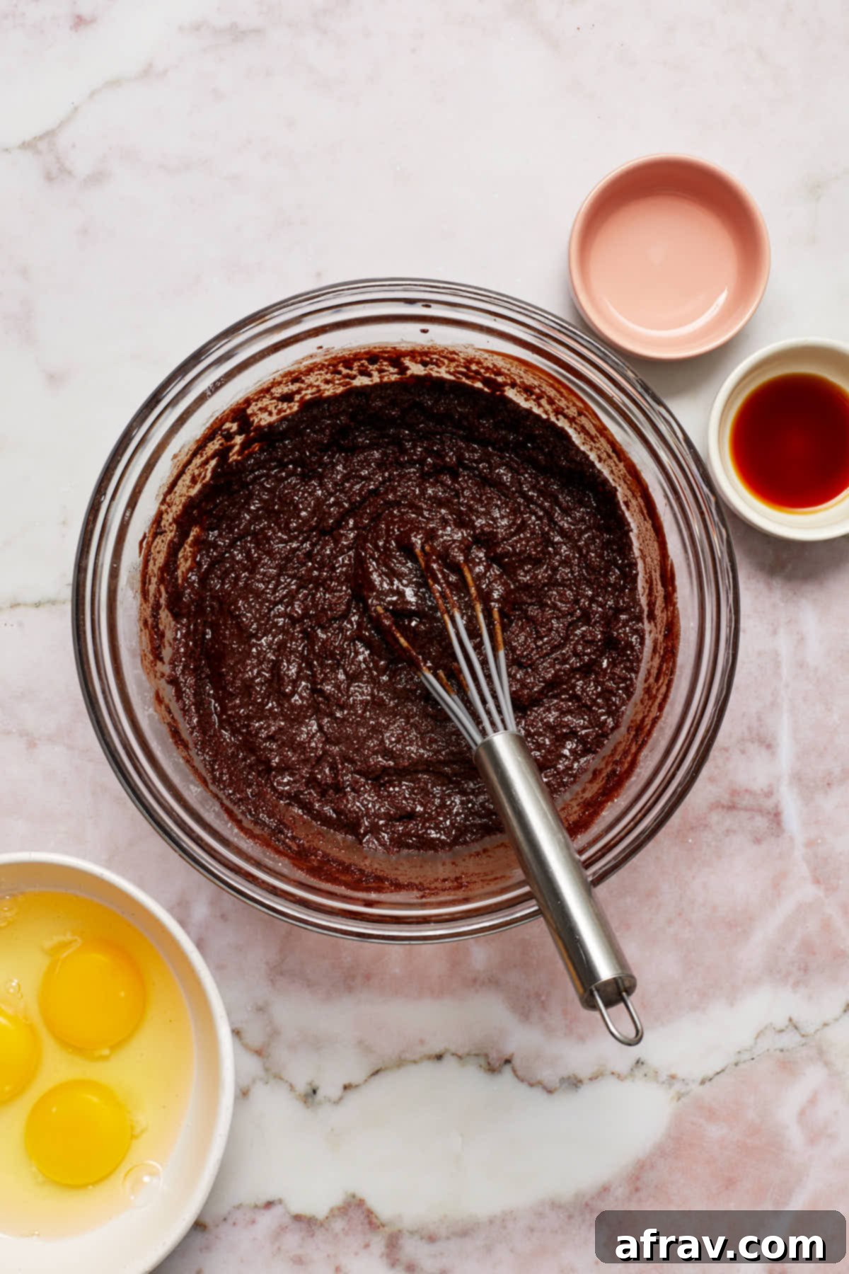 Minty Mocha Magic Brownies 5 Melted chocolate mixture whisked together with sugars and coffee.