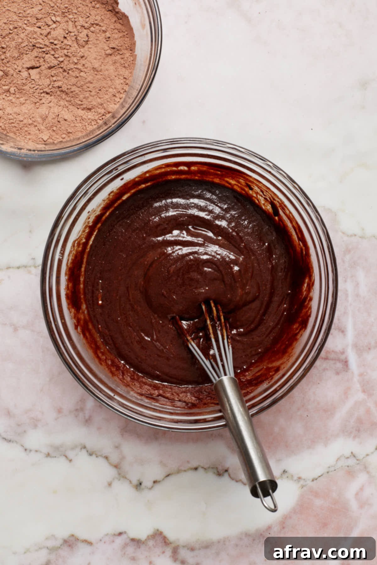 Minty Mocha Magic Brownies 6 Wet ingredients whisked together in a glass bowl.