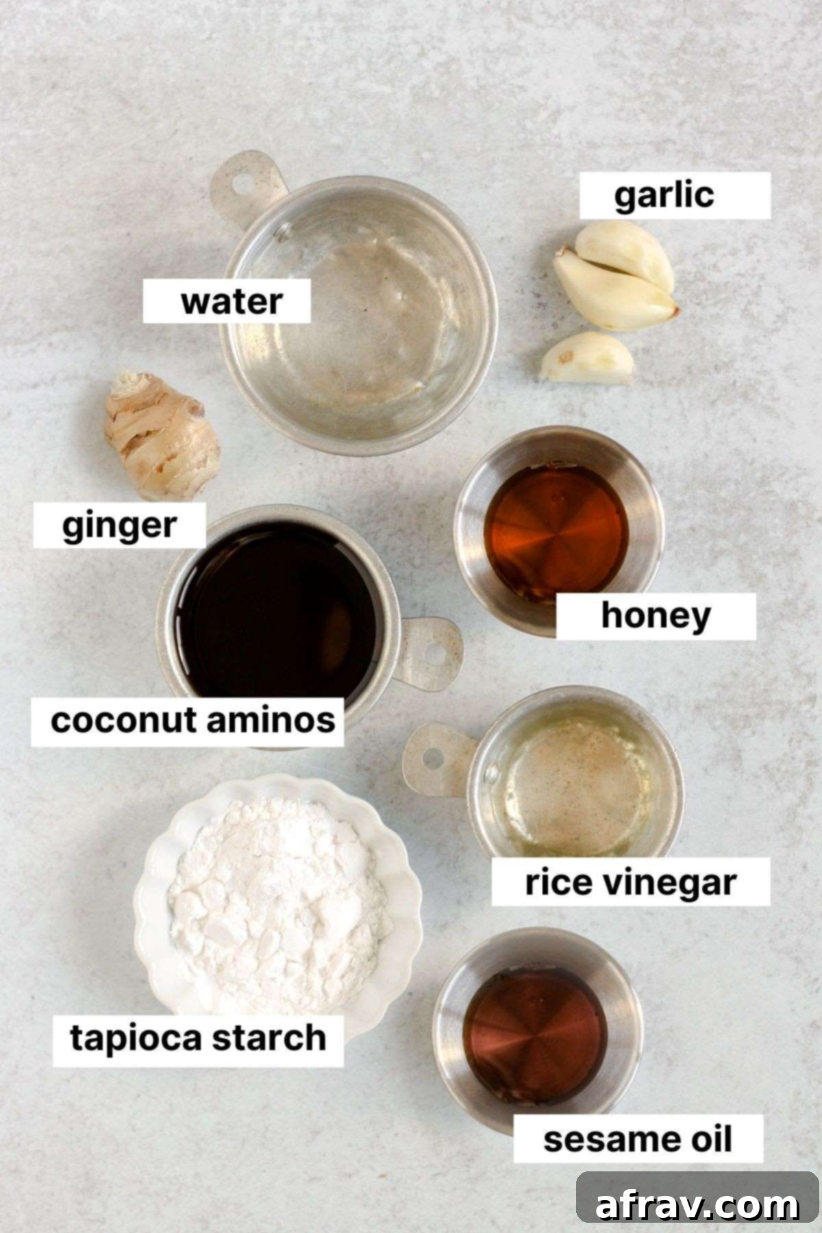 Labeled ingredients for soy-free teriyaki sauce.