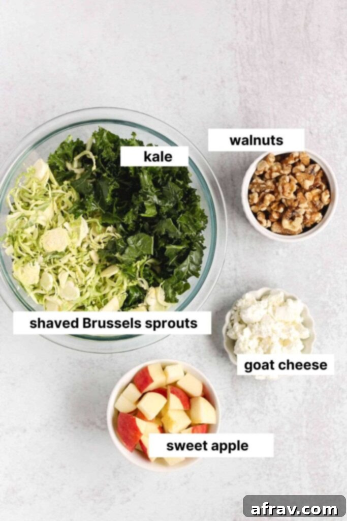 Labeled ingredients for kale and Brussels sprouts salad.