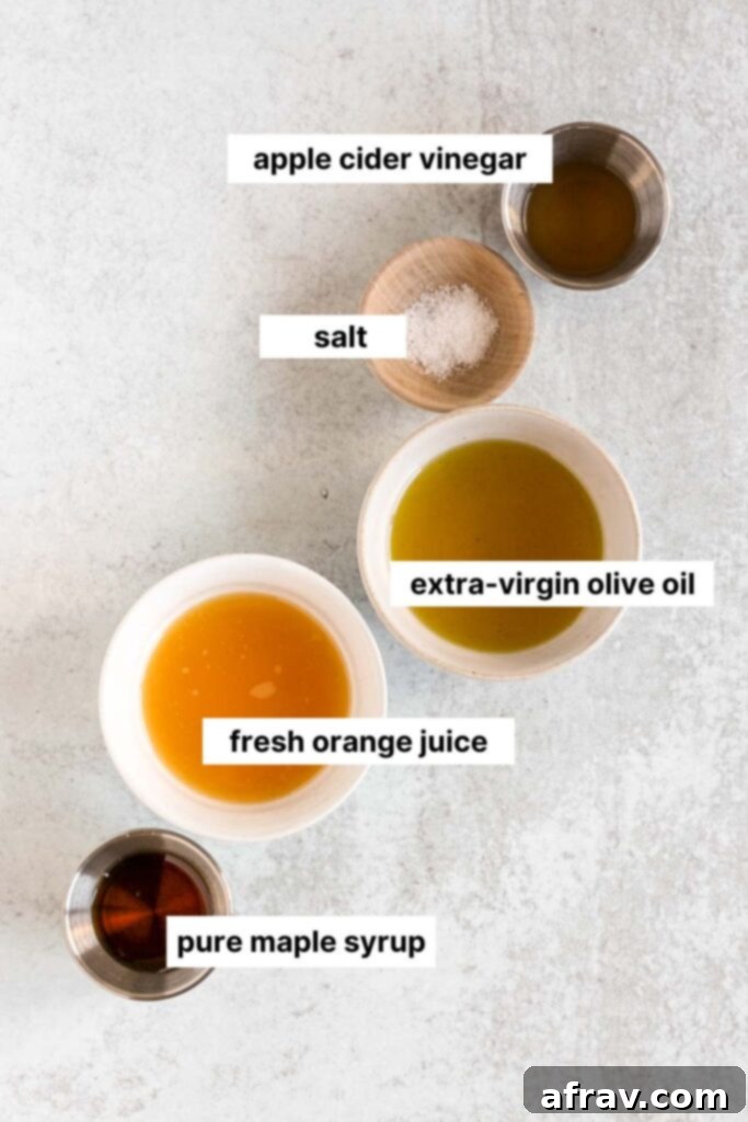 Labeled ingredients for kale and Brussels sprouts salad dressing.