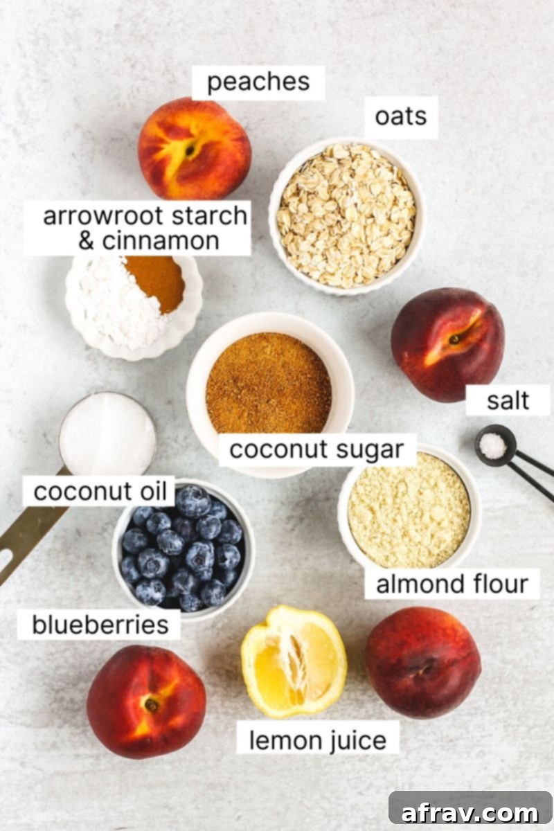 labeled ingredients used for healthy peach and blueberry crisp