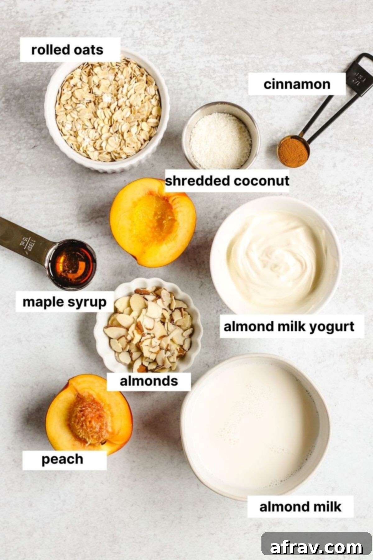 Labeled ingredients for peaches and cream overnight oats.