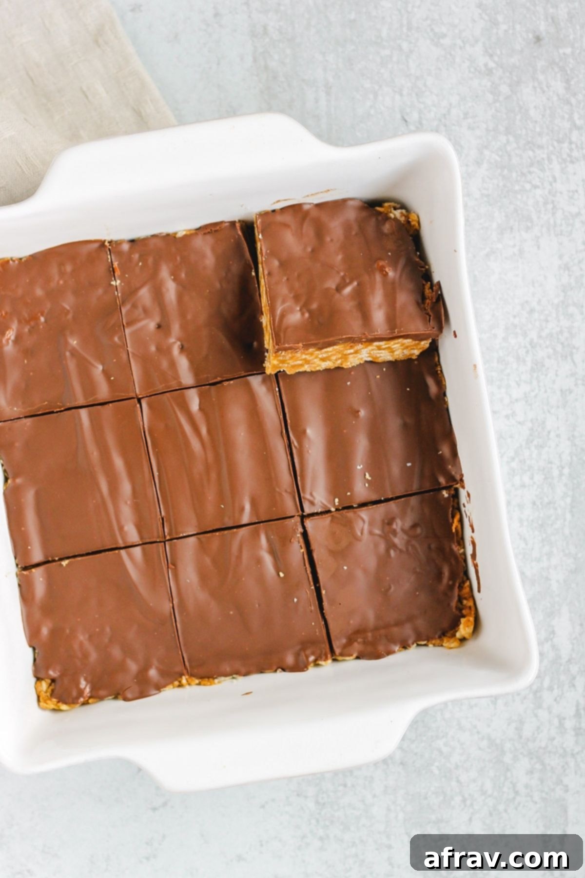 Pan of cut scotcheroo bars.