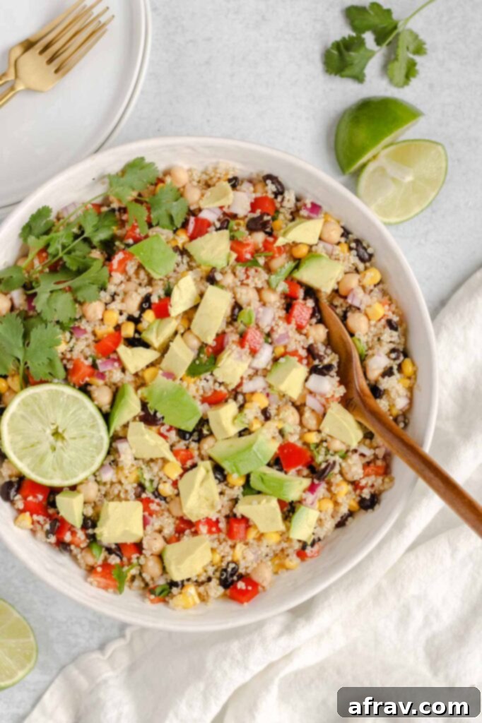 A bowl of freshly prepared Zesty Southwest Quinoa Salad, beautifully presented and ready to eat.