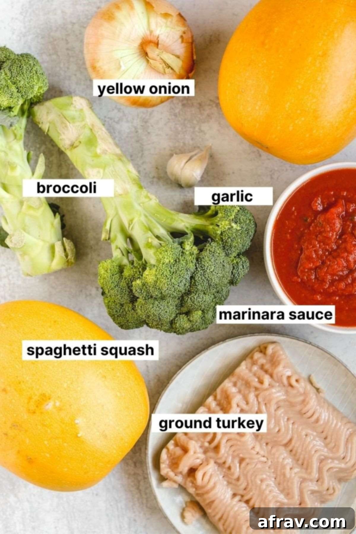 Spaghetti Squash Boats 3 Labeled ingredients for spaghetti squash spaghetti bowls.