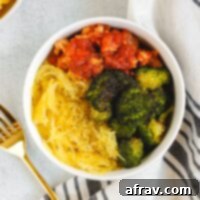 Spaghetti Squash Boats 7 Small bowl filled with spaghetti squash, roasted broccoli, and ground turkey with marinara.