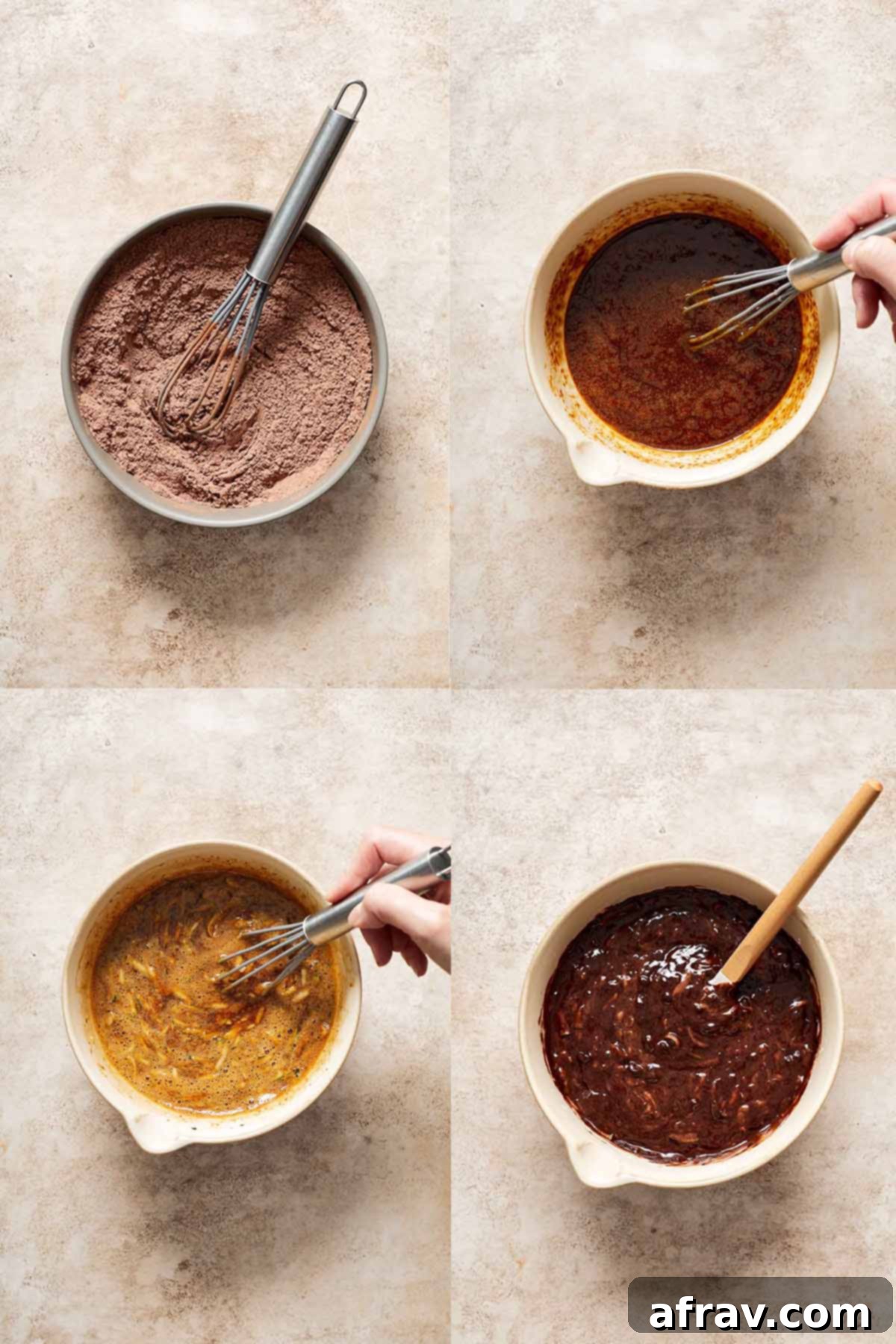 Irresistibly Moist Chocolate Zucchini Cupcakes 4 A visual guide showing the process of mixing dry and wet ingredients to form the chocolate zucchini cupcake batter, highlighting the thick consistency.