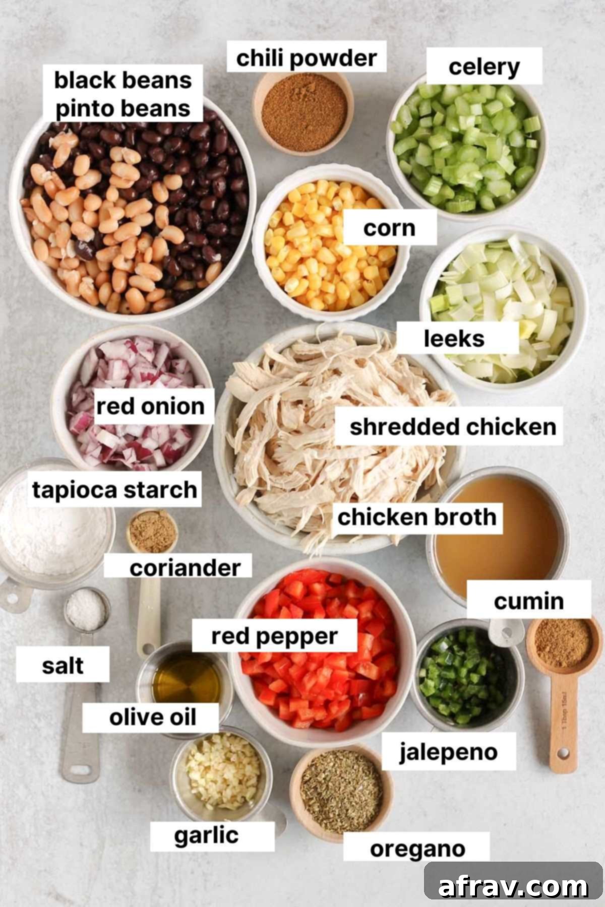 Labeled ingredients for a healthy and flavorful southwest chicken chili, showcasing fresh vegetables, spices, and proteins.