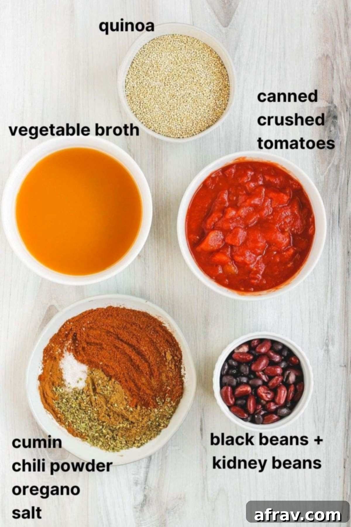 Hearty Vegan Sweet Potato Chili 3 Labeled ingredients for canned items and seasonings for vegan sweet potato chili.