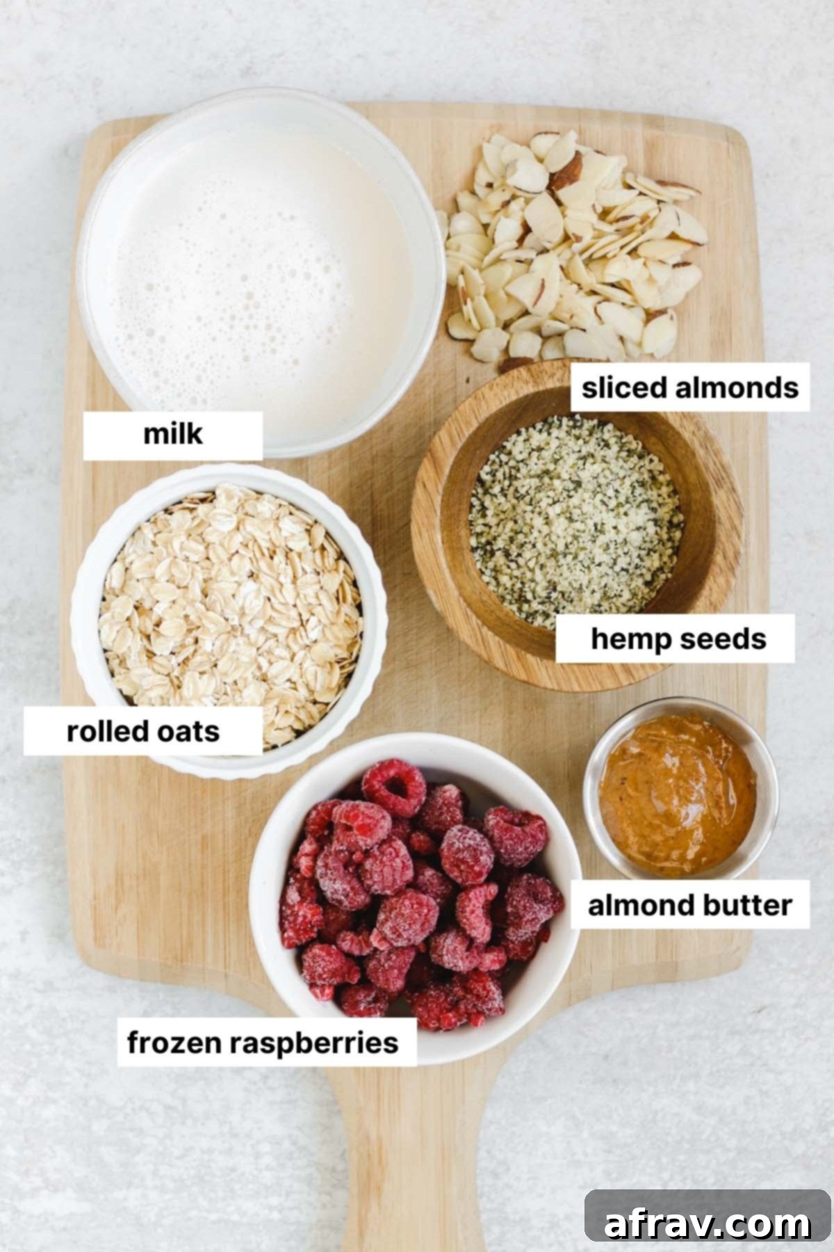 labeled ingredients used for raspberry overnight oats