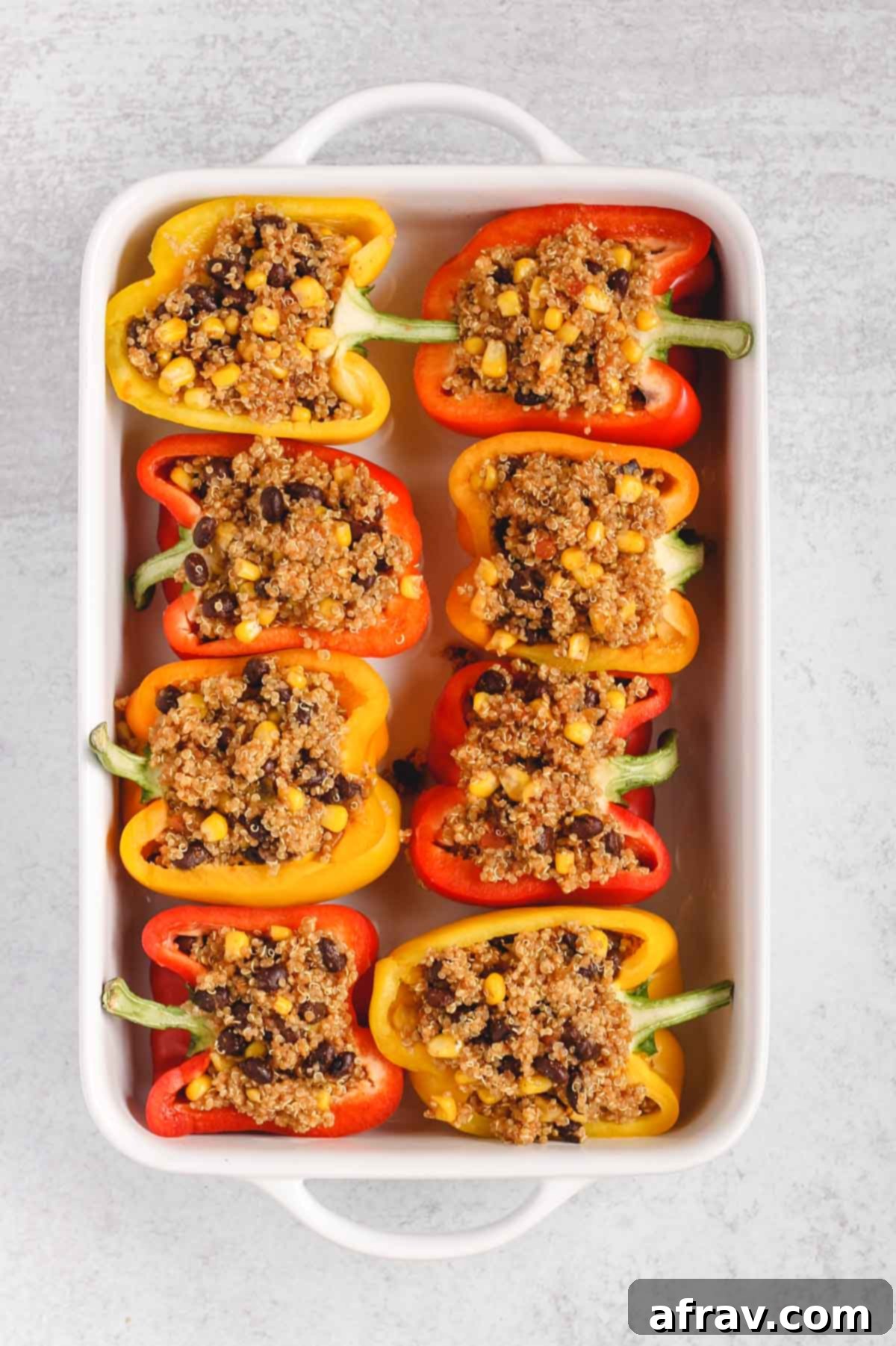 bell peppers stuffed with quinoa, black beans and corn. 