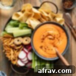 Overhead view of roasted red pepper dip served in a blue bowl with a tray of chopped veggies, pretzels and chips.