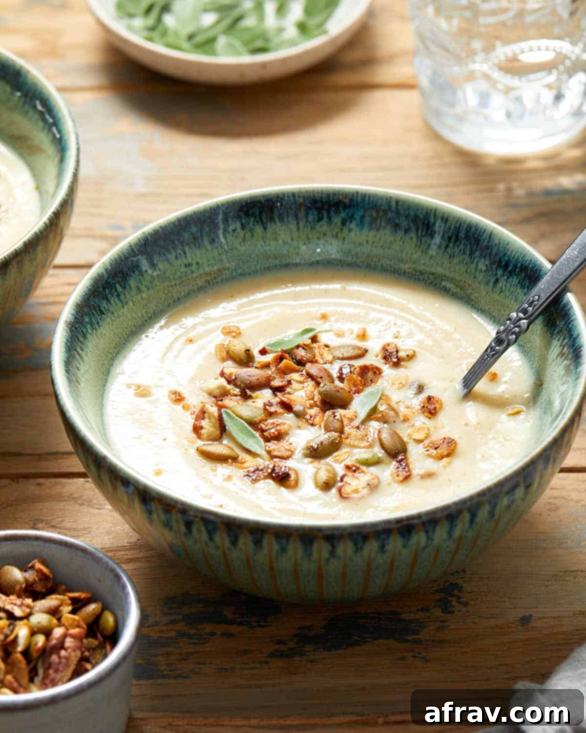 Side view of parsnip soup in a green bowl and topped with granola.