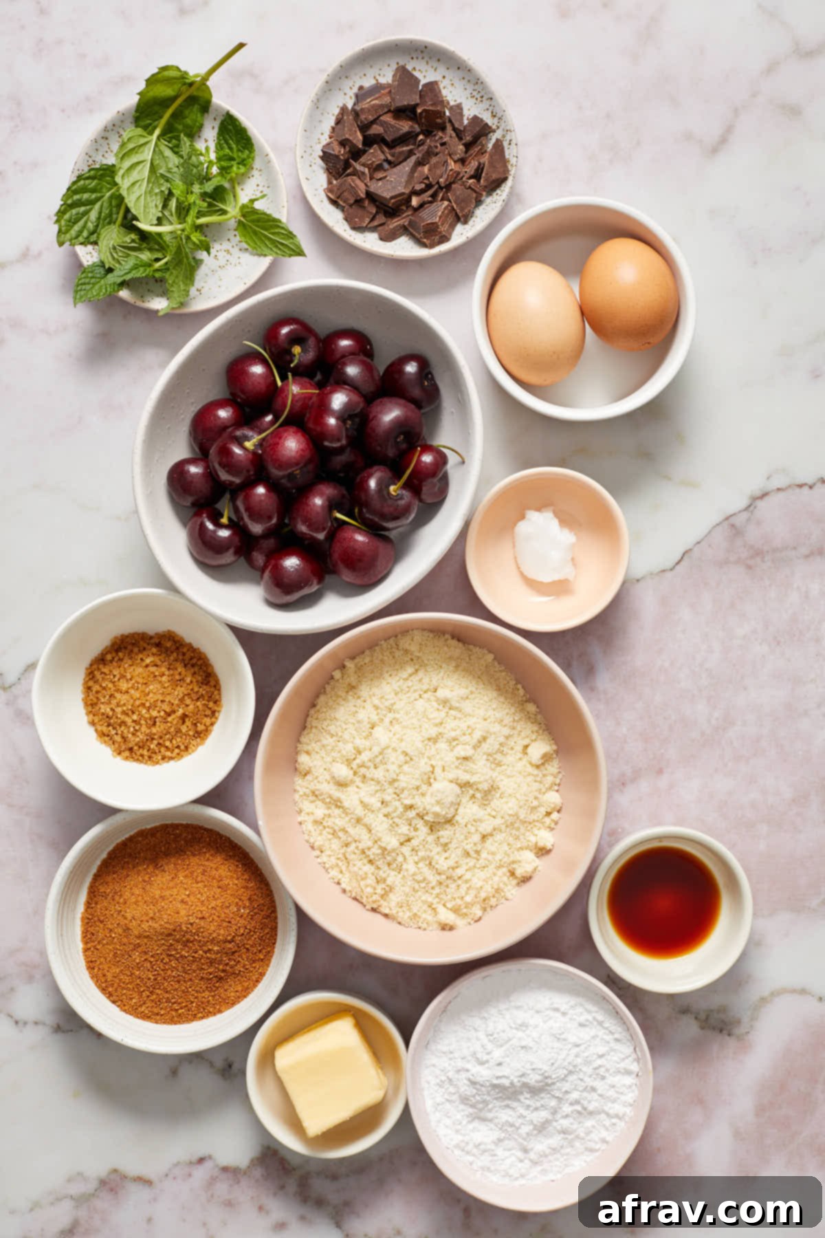 Rustic Almond Cherry Galette 3 Ingredients to make an almond flour cherry galette arranged in individual bowls.