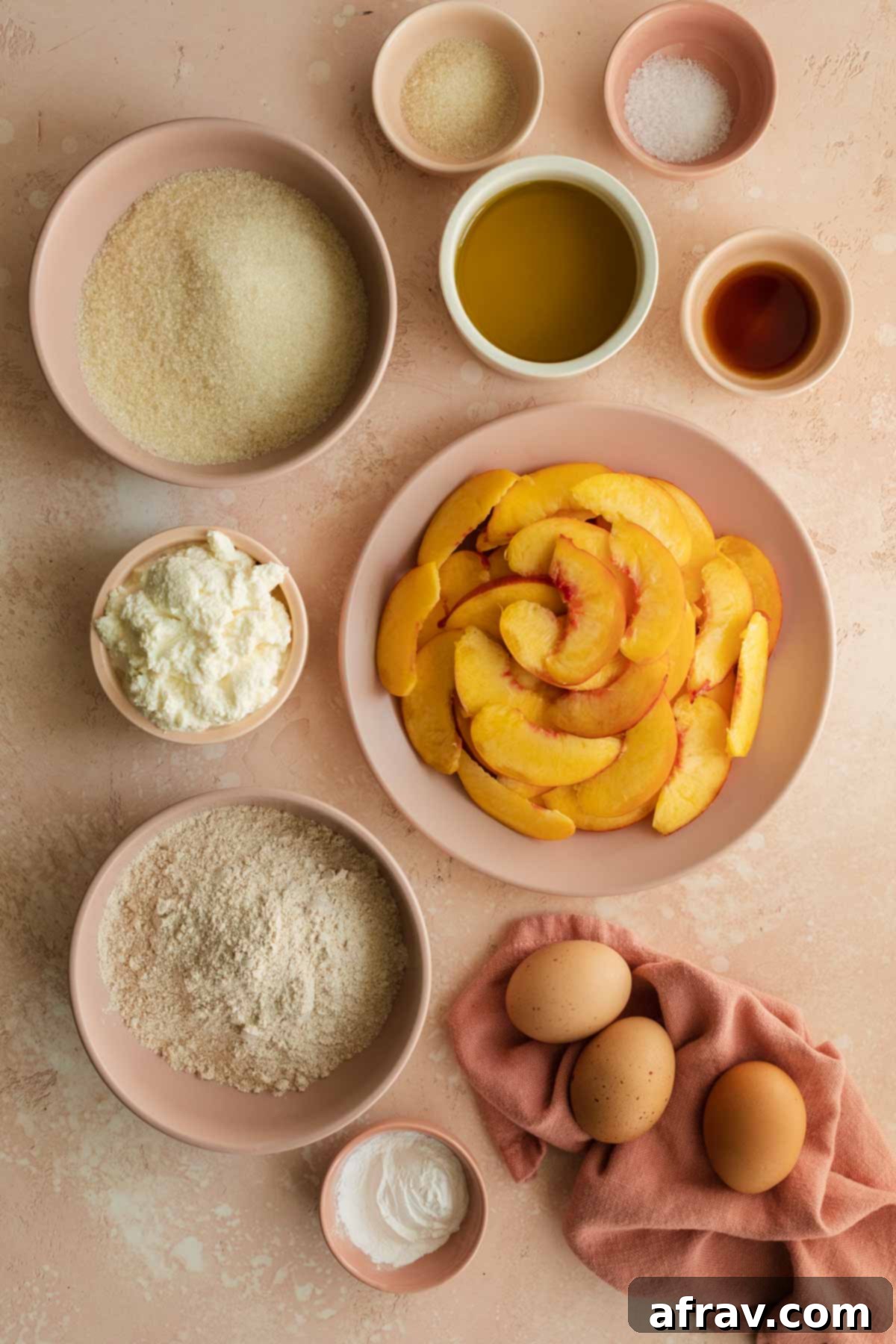 Ingredients for making peach cake, neatly arranged.