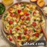 Charred Vegetable and Peach Orzo Summer Salad 11 Grilled summer vegetable orzo salad served in a large bowl with serving spoons inserted into it.
