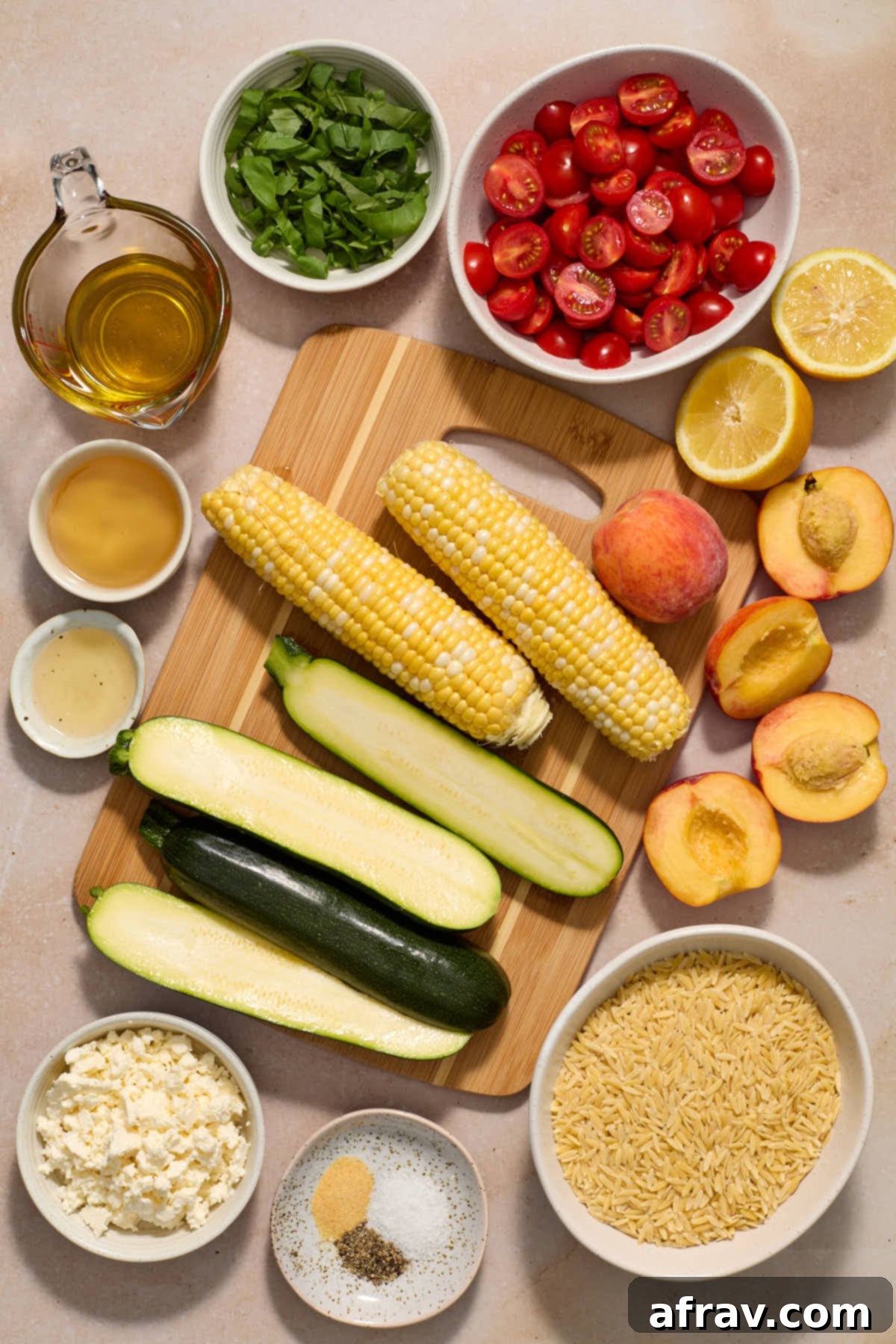 Charred Vegetable and Peach Orzo Summer Salad 3 Ingredients for grilled summer vegetable orzo salad arranged individually.