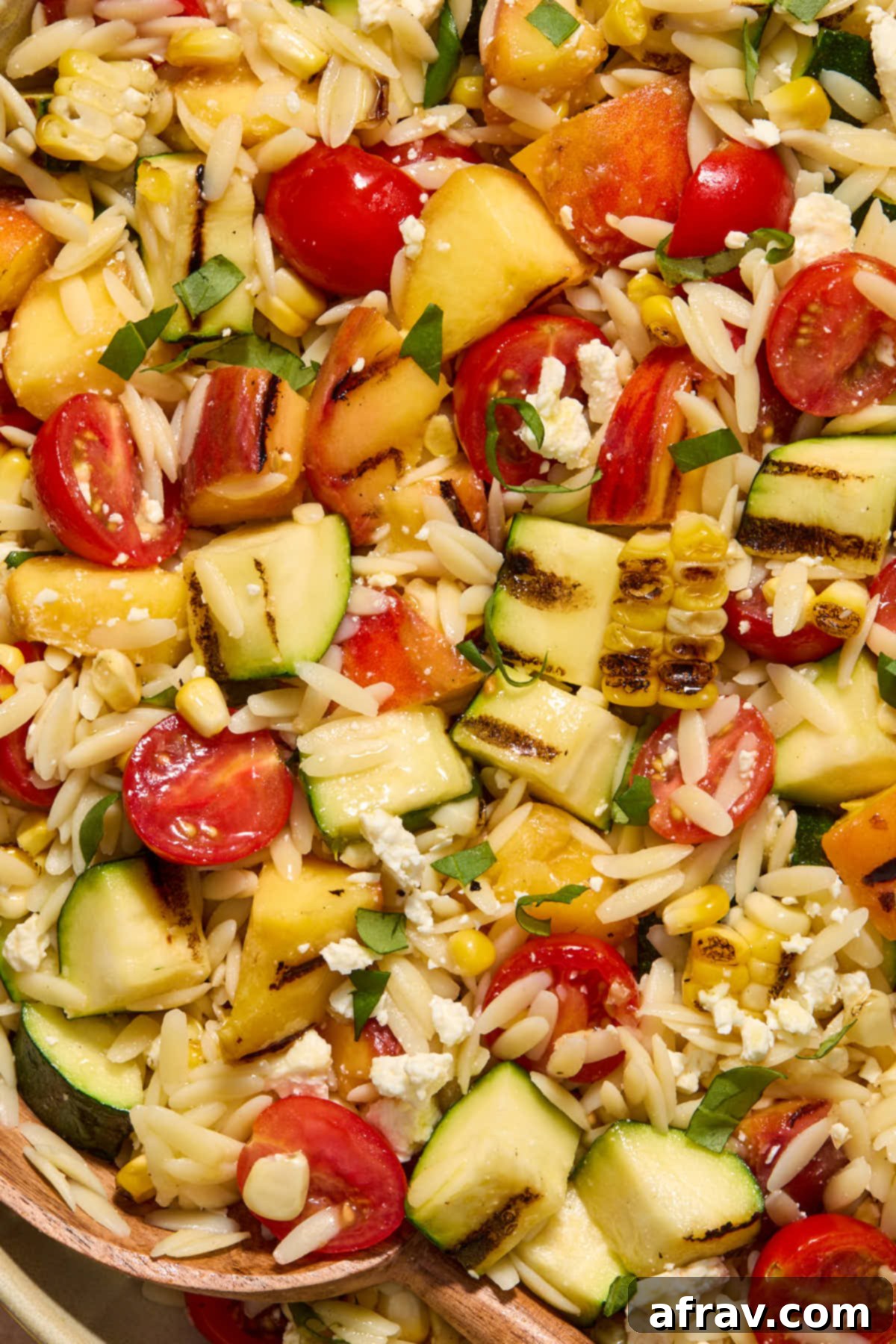 Charred Vegetable and Peach Orzo Summer Salad 10 Close up of the grilled summer vegetables in the orzo salad.