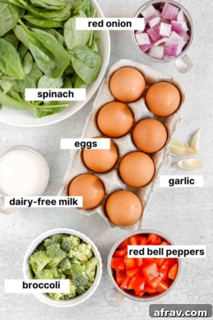 Labeled ingredients used in dairy-free frittata.