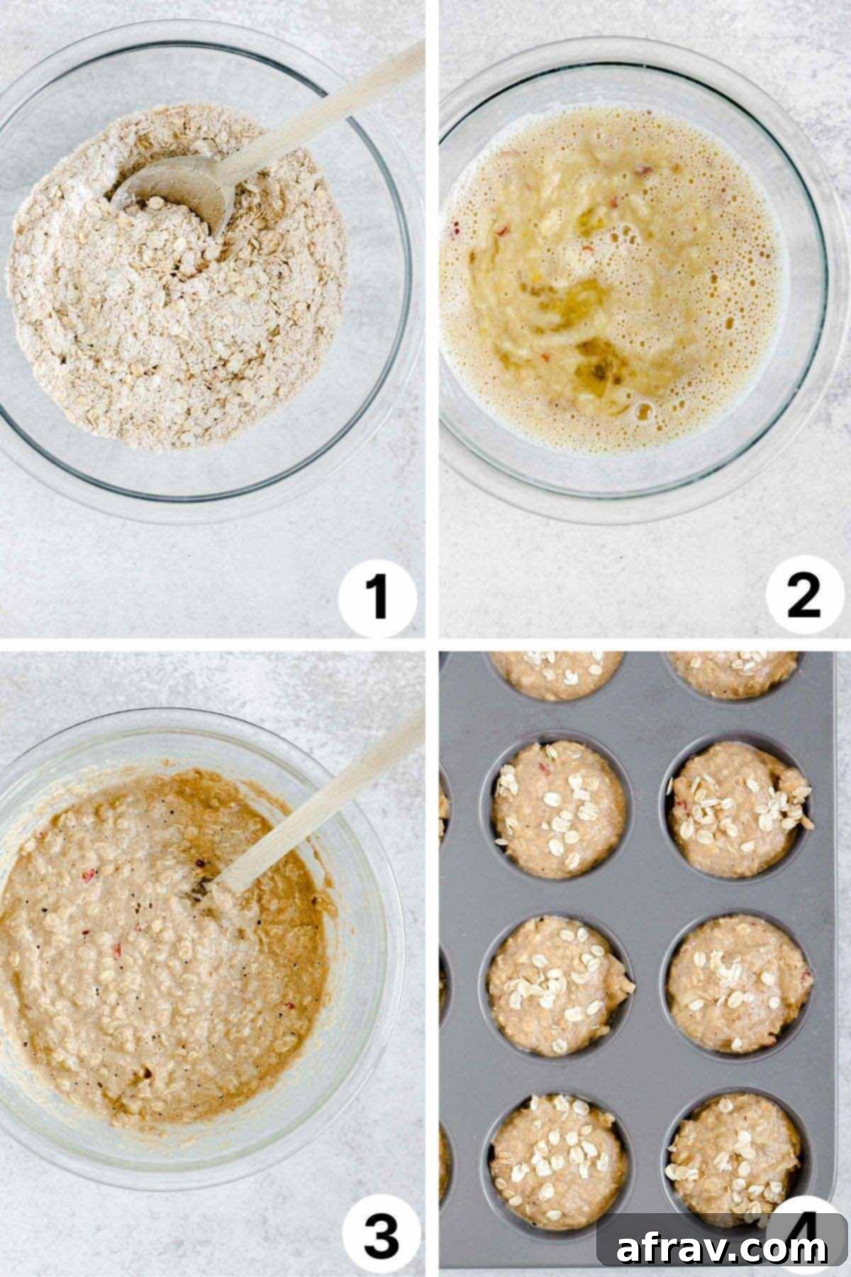 A collage of three process shots showing the steps for making apple cinnamon oat muffins: mixing dry ingredients, mixing wet ingredients, and combining them.
