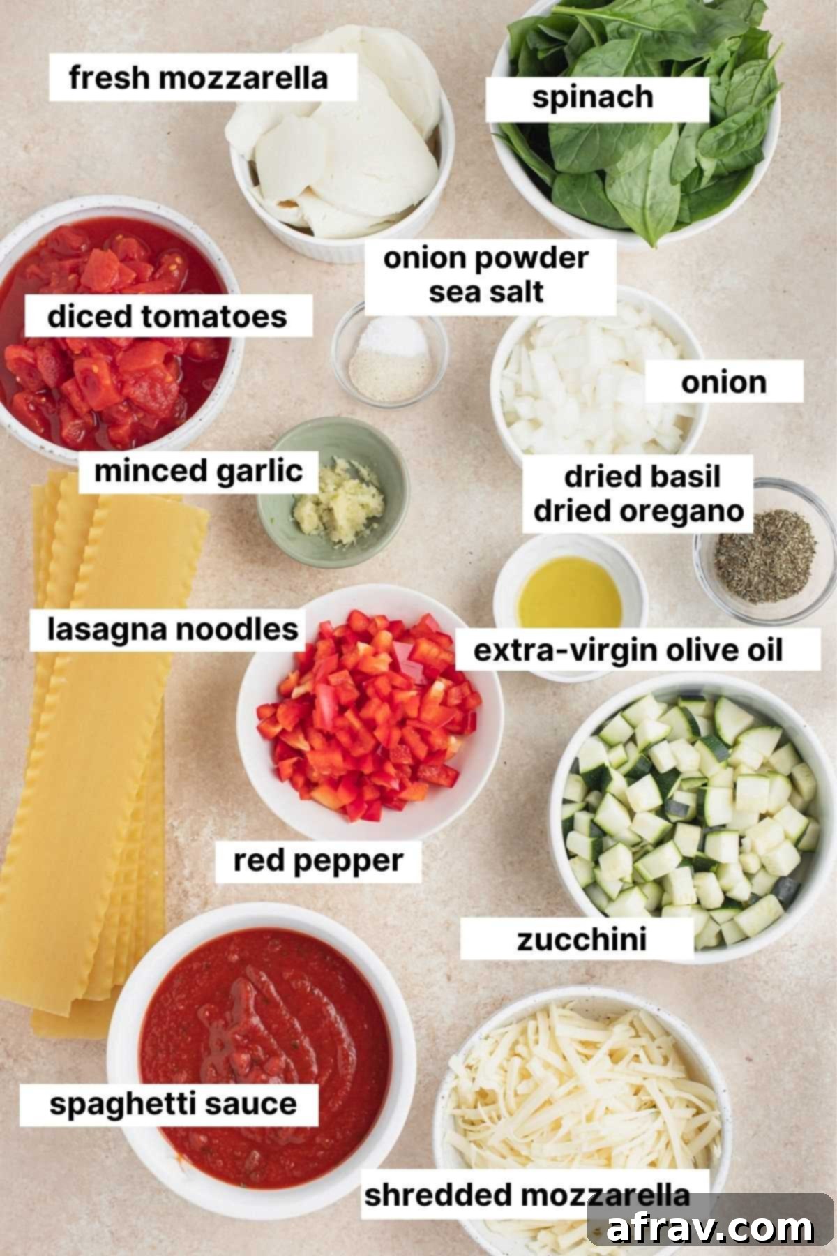 Labeled ingredients for vegetarian skillet lasagna, including fresh vegetables, sauces, and cheese.