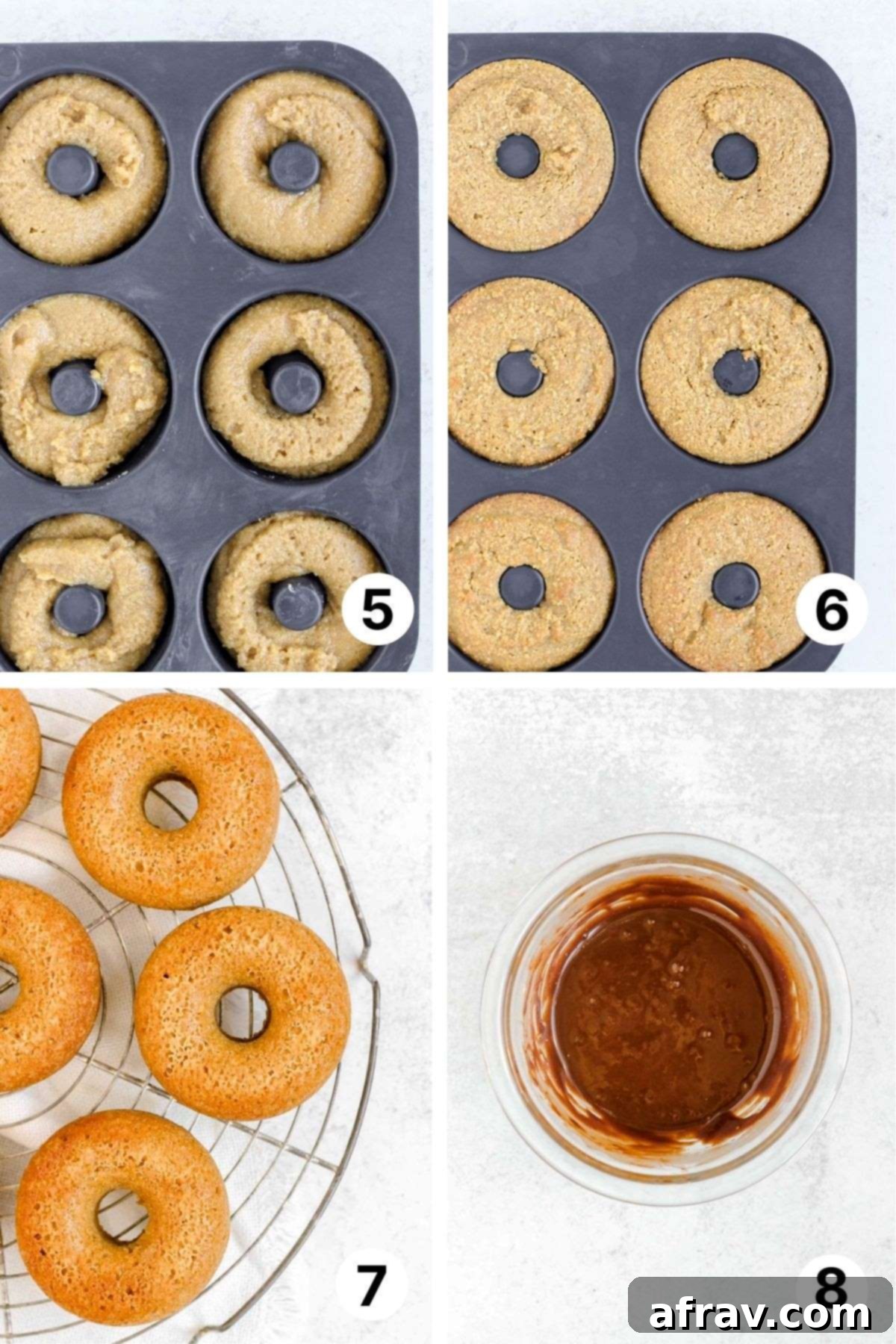 Guilt-Free Paleo Almond Flour Donuts 4 Process shots of piping donut batter into the pan and whisking ingredients for chocolate frosting.