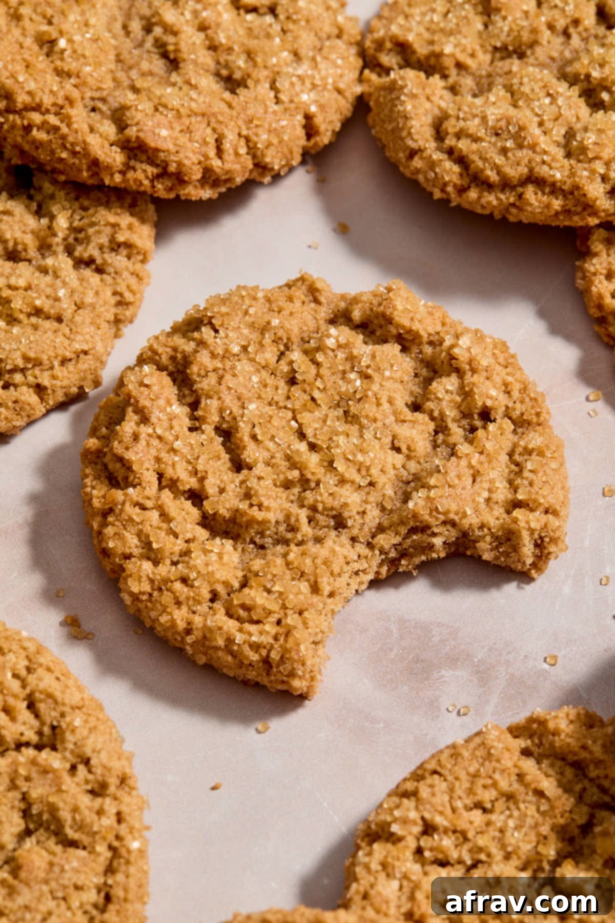 A close-up of a single cookie butter cookie with a small bite taken out, revealing its soft, chewy interior.
