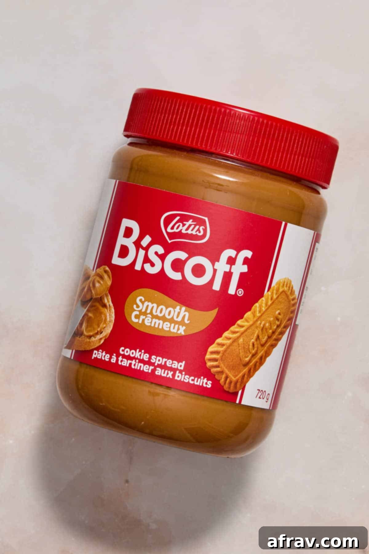 A jar of smooth Lotus Biscoff cookie butter spread, a key ingredient.