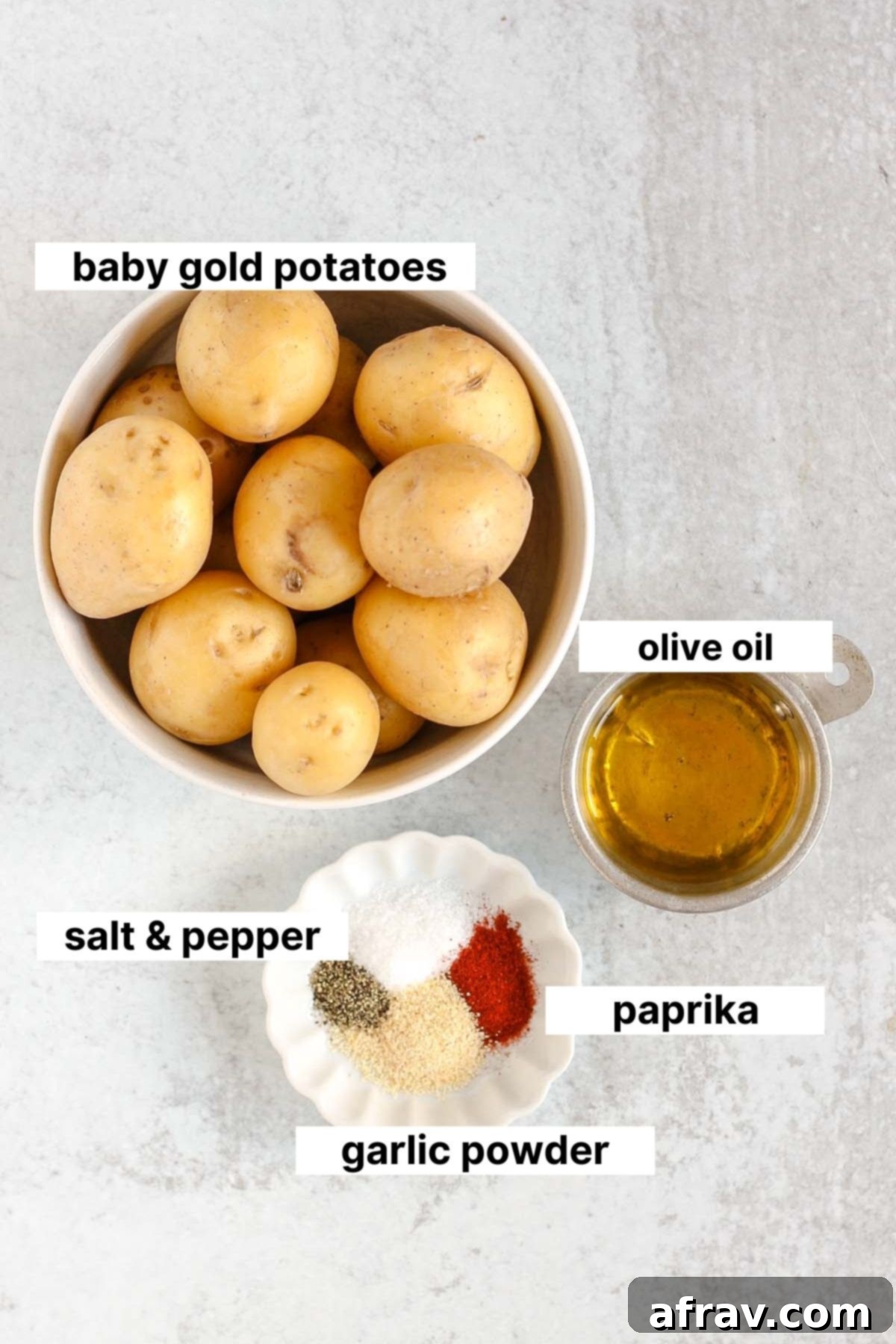 Labeled ingredients for smashed potatoes.