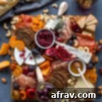 Overhead view of fully assembled cheese board on a dark surface with bread and wine off to the sides.