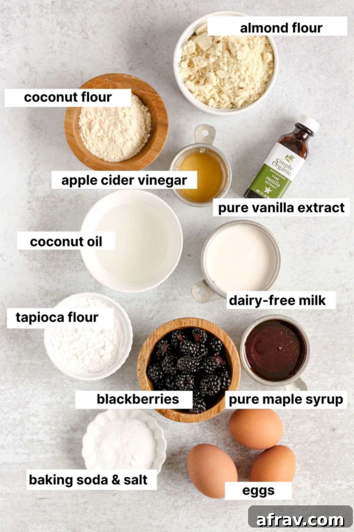 Labeled ingredients for almond flour blackberry muffins.
