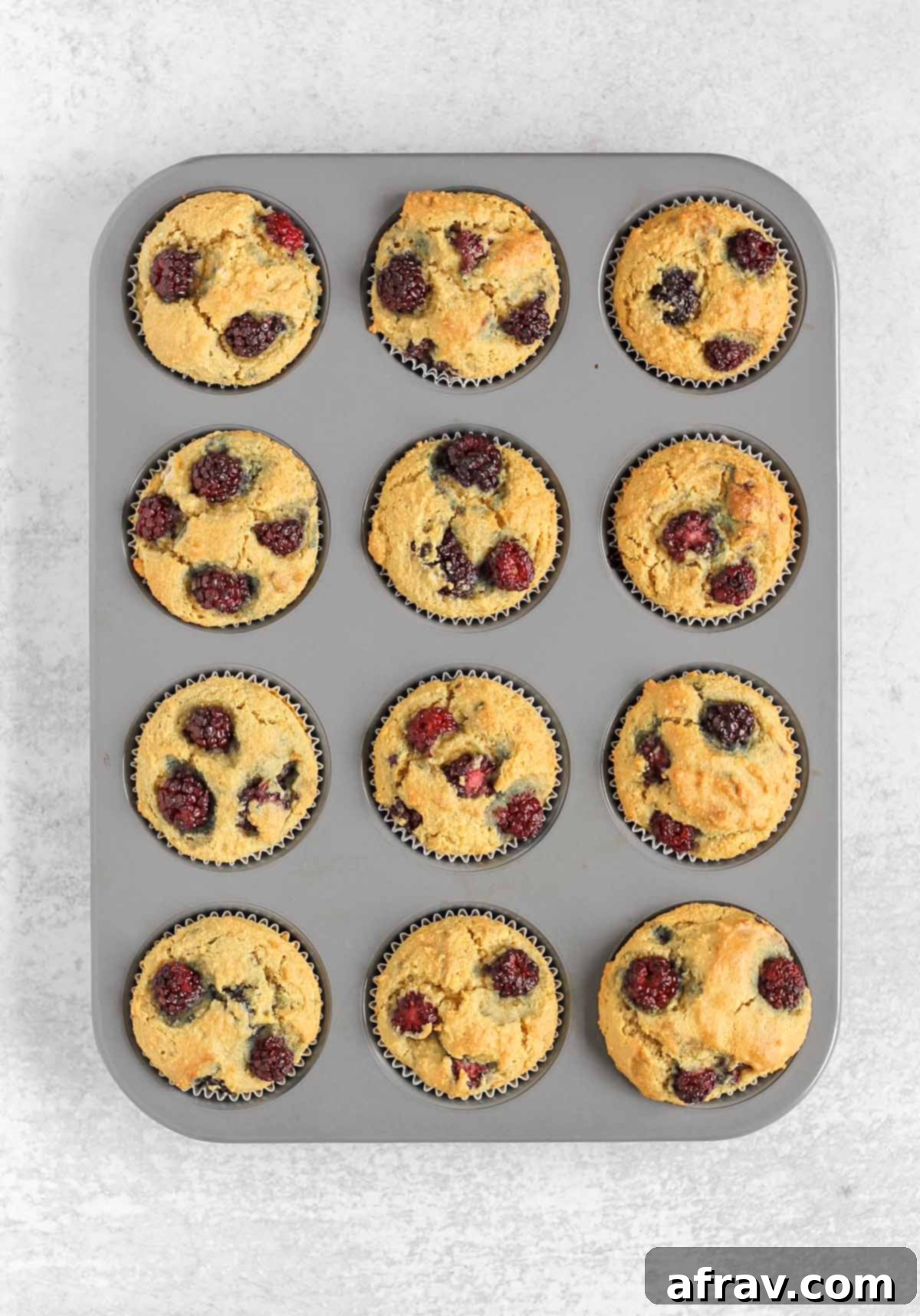Baked blackberry muffins in a 12-cup muffin pan.
