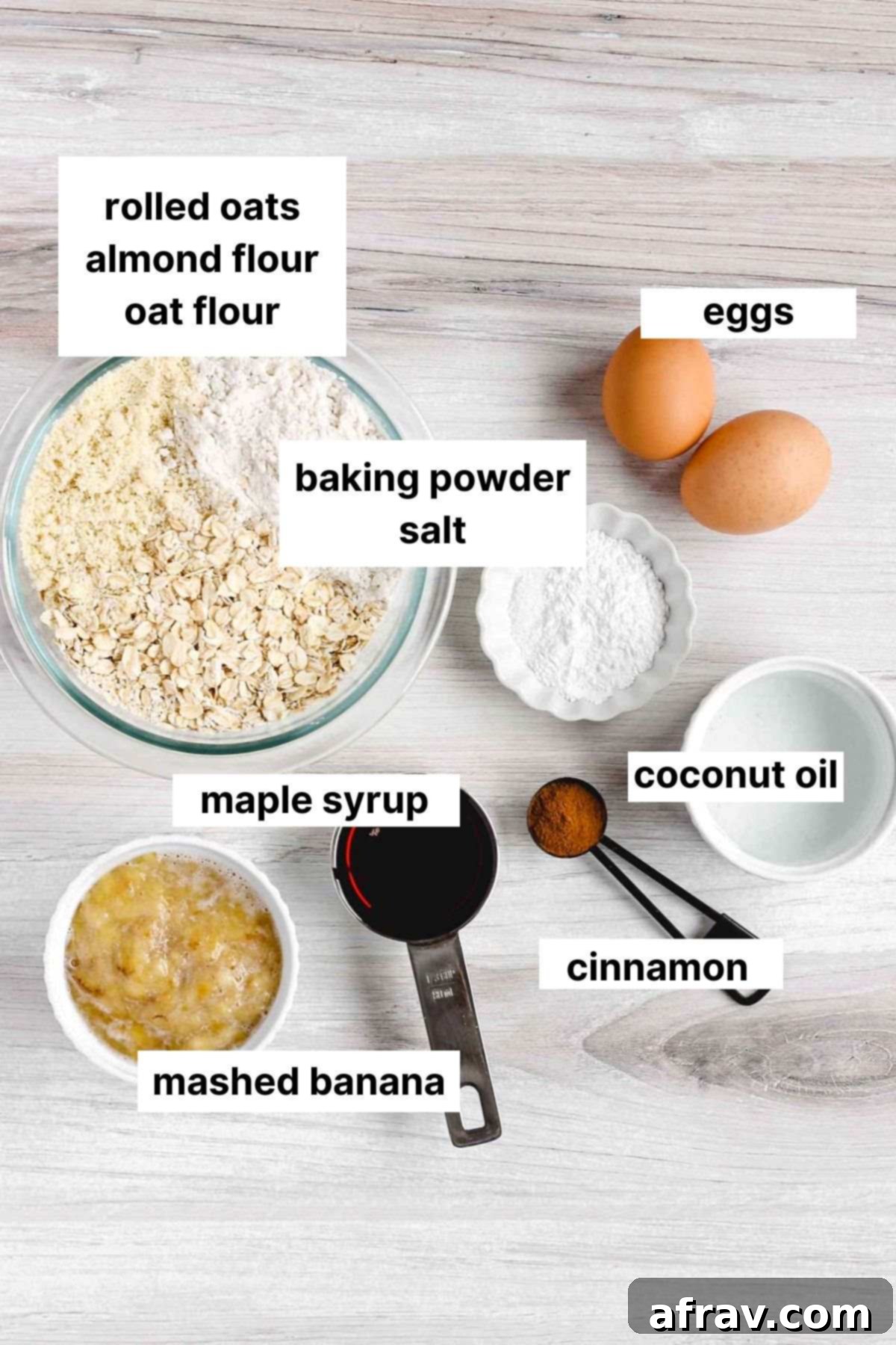 Labeled ingredients for gluten-free banana bread muffins.