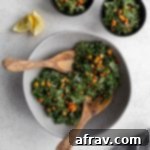 Overhead view of Vegan Caesar Salad in a large grey bowl being served up into two small black bowls.