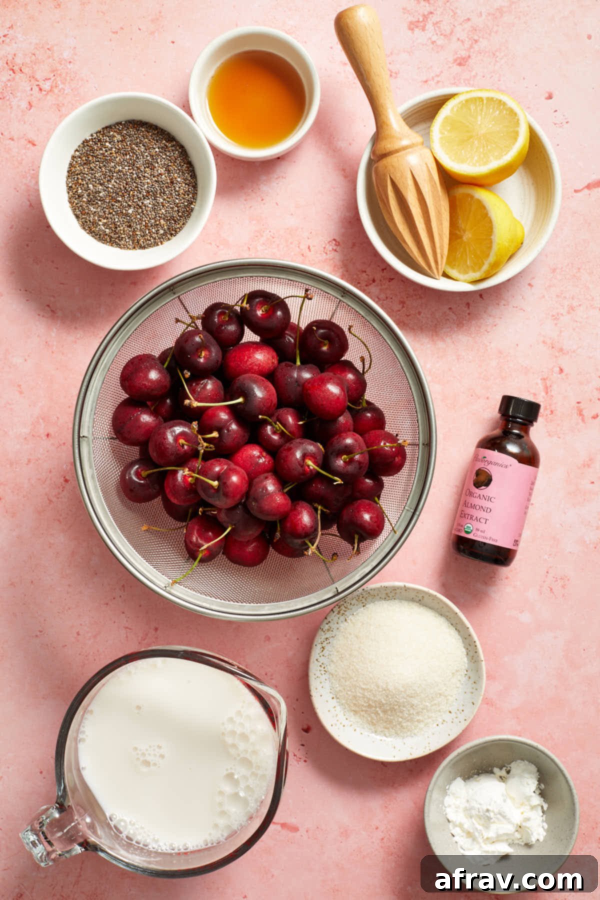 Delicious Dairy Free Gluten Free Cherry Chia Pudding 3 Ingredients to make cherry chia pudding arranged individually.